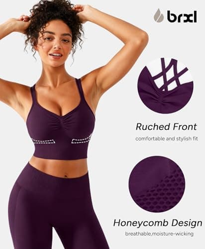 BRXL Lycra Strappy Ruched Sports Bra for Women Breathable Seamless Criss Cross Back Light Support Padded Bras Exercise Yoga Purple S - Thumbnail 4