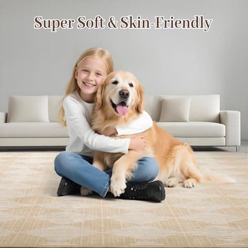 Washable Rug 8x10 – Soft Textured Area Rug with Non-Slip Backing, Modern Luxury Checkered Design, Machine Washable Carpet Perfect for Living Room, Bedroom, and Dining Room, Beige - Thumbnail 6