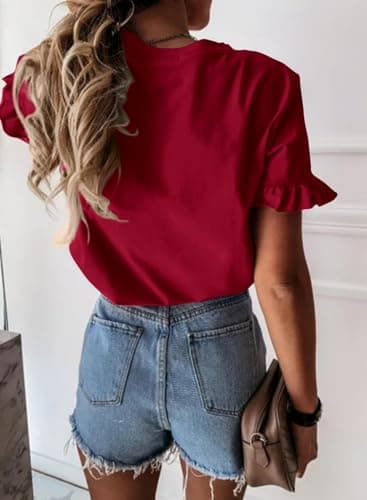PRETTYGARDEN Women's Short Sleeve Casual T Shirts Summer Ruffle Plain Round Neck Loose Fit Tee Blouse Tops (Wine Red,XL) - Thumbnail 2