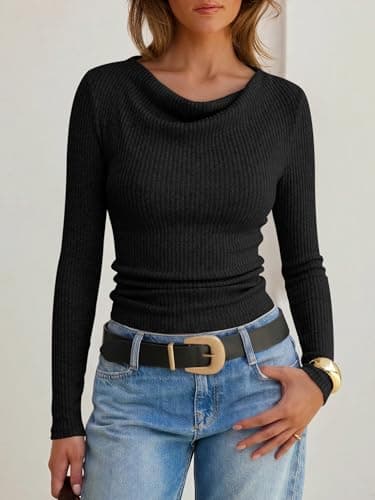 ANRABESS Womens Cowl Neck Long Sleeve Shirts,Soft Ribbed Knit Crop Tops with Side Ruched,Casual & Going Out Tshirts for Fall Black Large - Thumbnail 2