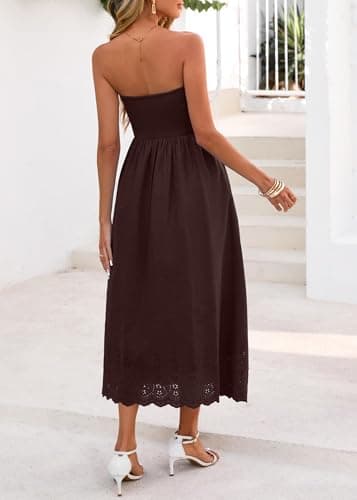 Lazysmile Summer Boho Maxi Dress for Women Strapless Tube Top Lace Trim A Line Beach Casual Long Dress Brown - Thumbnail 2
