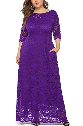 Eternatastic Womens Floral Lace 2/3 Sleeves Maxi Dress Evening Party Long Dress XL Purple - Thumbnail 5