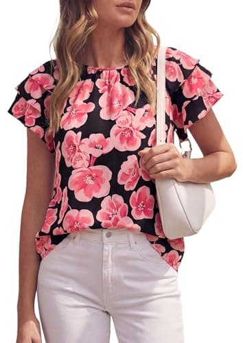 PRETTYGARDEN Boho Floral Tops for Women Summer Blouses Dressy Casual 2026 Spring Beach Vacation Ruffle Short Sleeve Shirts (Black Pink Floral,XX-Large) - Image 1