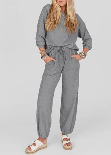 KIRUNDO Lounge Sets for Women 2026 Spring Airport Travel Outfits Ribbed Knit Tops Jogger Pants Tracksuit Postpartum Comfy Set(Grey, X-Large) - Thumbnail 6