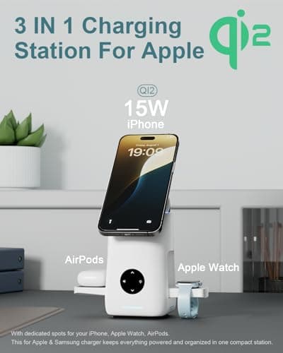 3-in-1 Charging Station for Apple & Samsung - Qi2 Certified 15W Rotating Wireless Mag-Safe Charger Stand for Apple - iPhone 17 16 15 14 13 12, AirPods, Apple & Galaxy Watch, Samsung S25 S24 Bud(White) - Thumbnail 2