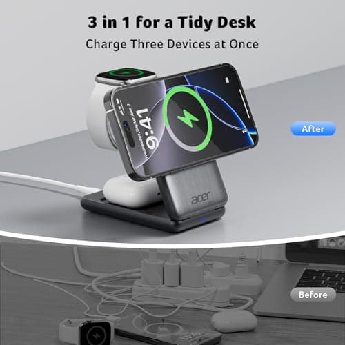 Acer 3 in 1 Charging Station for Apple Device, Magnetic Palm-Sized Foldable Fast Charger Stand Compatible with MagSafe for iPhone 17, Apple Watch & AirPods, Foldable Charging Dock for Desk S3 - Thumbnail 2