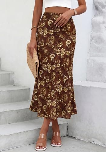 BTFBM Satin Skirts for Women Trendy Spring Summer 2026 High Waisted Leopard Print Cocktail Wedding Long Silk Midi Skirt(Floral Brown Yellow, X-Large) - Thumbnail 6