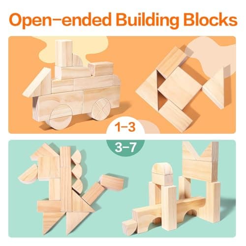 Large Wood Building Blocks with Wooden Storage Tray, 64-Piece Hardwood Sorting & Stacking Toys for Building & Balancing, Educational Preschool Learning Toys for 3+ Year Old Boy and Girl Gifts - Thumbnail 3