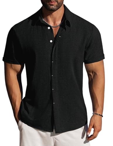 LETSEE Mens Summer Shirts Linen Casual Short Sleeve Button Down Dress Beach Hawaiian Shirt Summer Outfit, Black, Small - Image 1