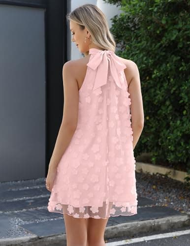 Gleeneat Womens Summer Halter Bridal Shower Cocktail Short Wedding Guest Tulle Floral Dresses for Bride 2026 A Line Homecoming Formal Rehearsal Dinner Engagement Dress Flowy Dress Outfit Light Pink - Thumbnail 4