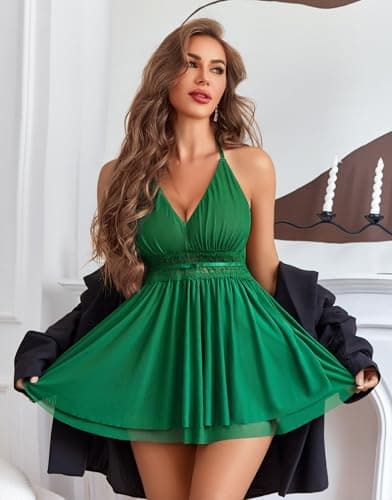 Avidlove Women Lingerie Lace Babydoll Halter Chemise Sheer Mesh Nightwear Nighty Green Large - Thumbnail 2