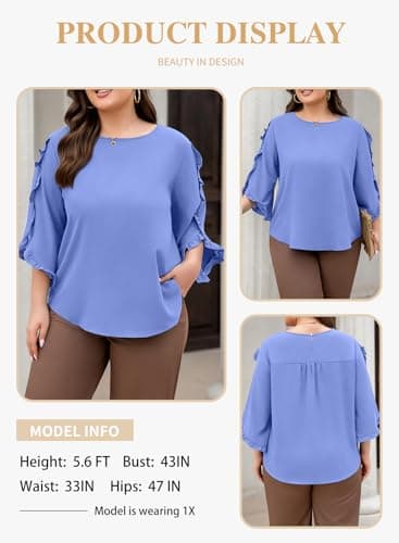 Eytino Women Plus Size Tops Dressy Casual 3/4 Length Sleeve Blouses Crewneck Ruffle Sleeve Shirts Summer Outfits Business Work Tops,3X Sky Blue - Thumbnail 3