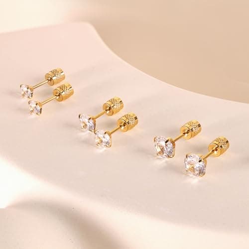 MHWTTY Hypoallergenic Cartilage Earrings for Women Men, 1 Pairs Titanium Stud for Women Gold Silver Black 20G Post & Screw Back with Cubic Zirconia 3 4 5 6 7 mm Piercing Jewelry (Gold, 5mm) - Thumbnail 6