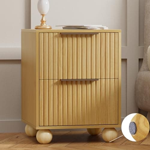 HOCAT Fluted Nightstand - Modern Boho Oak Wood nightstand with Storage Drawer, Mid Century Bedside Table with Solid Wood Legs for Bedroom and Small Spaces