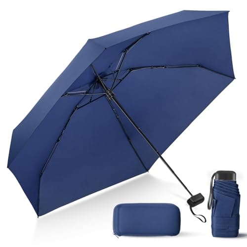 Mini Umbrella with Case for Travel Purse Compact Tiny Sun Rain Dark Blue - Image 1