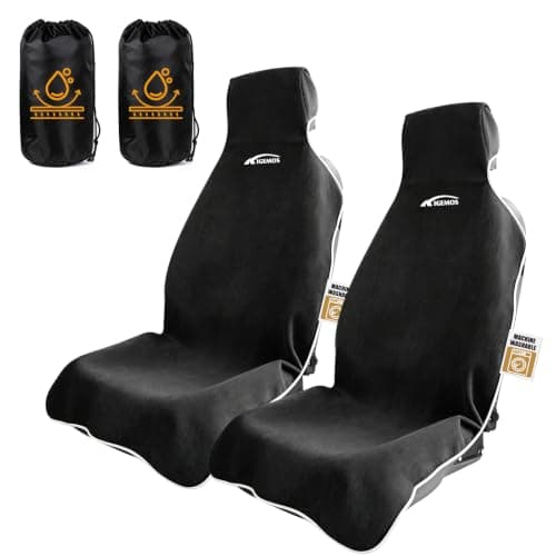 KIGEMOS 2 Pack Towel Car Seat Covers, Waterproof Washable Front Seat Protectors with Soft Terry Cloth, Non-Slip Backing, Universal Fit for Cars SUVs Trucks,Gym,Beach,Pets, Kids,Road Trips (Black)