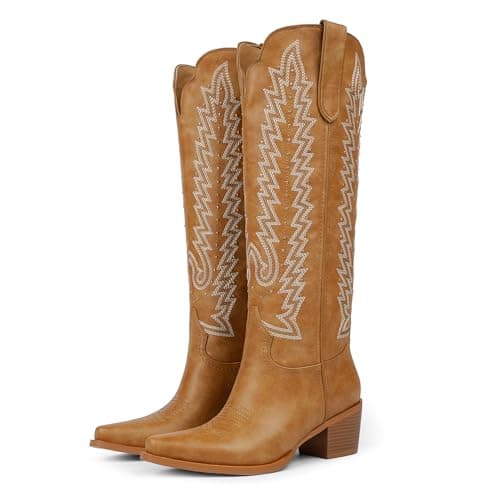 VIUGJNEX Light Brown Knee High Cowboy Boots for Women Western Cowgirl Boots Wide Calf Slip On Chunky Heel Pointed Toe Pull On Tall Boot for Party Concert Retro Classic Size 11 - Image 1