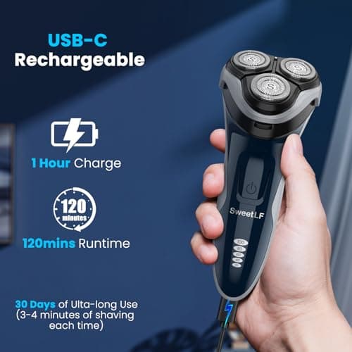 SweetLF Electric Razor for Men with Pop-Up Trimmer, IPX7 Waterproof Electric Shaver, Rechargeable Cordless Shavers for Men, Type-C, 120Mins Runtime, Plug & Play, Blue - Thumbnail 5