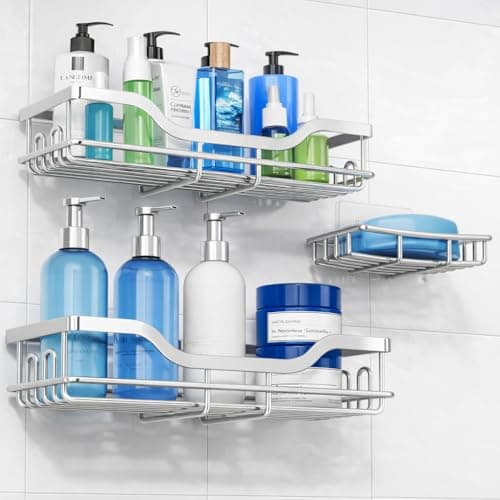 OMAIRA 3-Pack Shower Caddy with Soap Holder, Adhesive Rustproof No-drill Strudy Loading Inside Shower Organizer Shelves Rack Storage Bathroom Organization for Smooth Wall Glass Tile, Sliver (Large) - Image 1