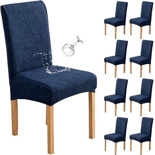 Genina Waterproof Dining Chair Covers Set of 8,Stretch Dining Room Chair Slipcovers with Leaf Jacquard,Removable Kitchen Chair Protector for Home,Restaurant,Banquet-Navy Blue - Image 1