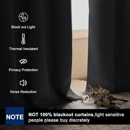 Hiasan Grey Curtains 63 inch Long Sewn with Tiebacks, Rod Pocket & Back Tab Gray Blackout Thermal Insulated Drapes, Room Darkening Curtains 2 Panels for Living Room Bedroom, 42 inch Wide - Thumbnail 2