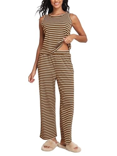COCOMARTS Womens 2 Piece Lounge Sets Casual Striped Pajama Sets Sleeveless Tank Top and Wide Leg Pants Matching Outfits 2025 Army Green Medium - Image 1