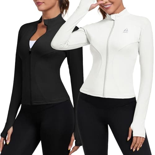 AURVAE Women's Workout Jacket, Womens Cropped Lightweight Running Jackets, Zip Slim Fit Athletic Tops for Gym, Yoga, Jogging (X-Small, Black+White) - Image 1