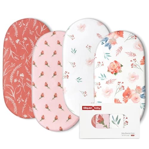 Gllquen Baby Bassinet Sheets 4 Pack, Breathable Cozy Fitted Mattress Sheet, Elastic Travel Crib Fashionable Floral Pattern, Standard Cradle Safe Sheets for Baby Boys Girls 32"x16" (Flower) - Image 1