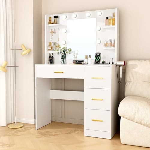 HABIUBIU 35 Small Vanity Desk with Mirror and Lights,10 Lights,3 Color Modes,Makeup Vanity Desk with 4 Storage Shelves 4 Drawers and Power Outlet,White vanitys-New Upgraded Quality