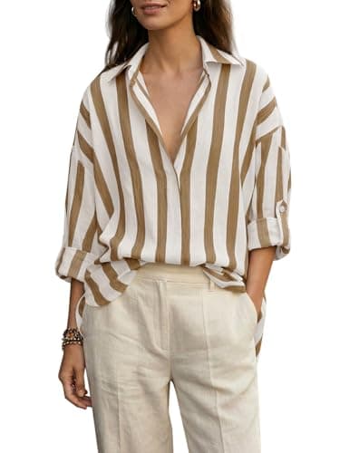 Allison Jennie Women's Boho Vertical Striped Oversized Shirt V-Neck Blouse Long Sleeve Lightweight Beach Vacation Top for Summer (03-Khaki,XL)