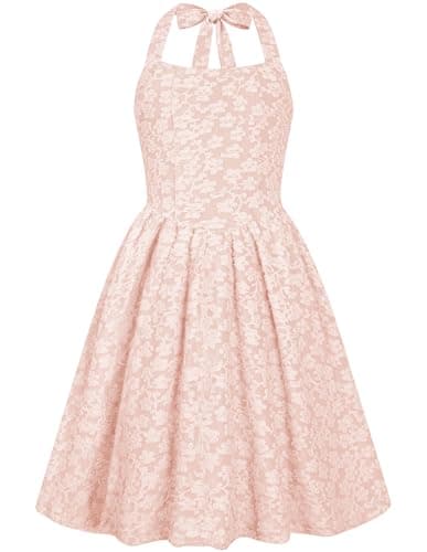 HOZIY Girls Dresses Size 6 Little Girls Square Halter Neck Tie Back A Line Mini Dress Cute Birthday Easter Summer Spring Sundresses Clothes Pink - Image 1