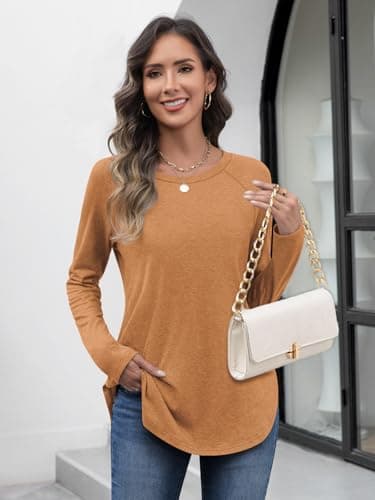 ATHMILE Fall Outfits for Women 2025 Long Sleeve T Shirt Round Neck Basic Loose Tunic Tops Orange - Thumbnail 2