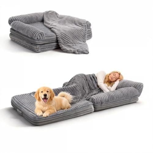 OtterOasis Foldable Human Dog Bed 72"x43"x11.5", Fluffy Faux Fur Human Pet Bed with Blanket, Orthopedic Dog Bed with Egg Foam and Water Proof Liner (Light Grey (Foldable), 72" Length) - Image 1
