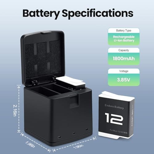 Topwowe 2 Packs 1800mAh Batteries for GoPro Hero 12 with 3 Channel Battery Charging Station Compatible with GoPro Hero 12, 11, 10, 9 Black Camera (2 Batteries & 1 Charger) - Thumbnail 2