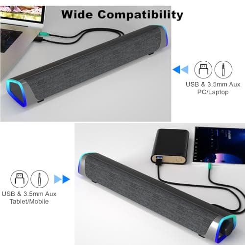SOULION R30 Computer Speakers, USB Powered PC Speaker, Colorful LED Lights with Switch Button, 3.5mm Aux Surround Soundbar for Desktop Laptop Monitor Office Work Music Gray - Thumbnail 6