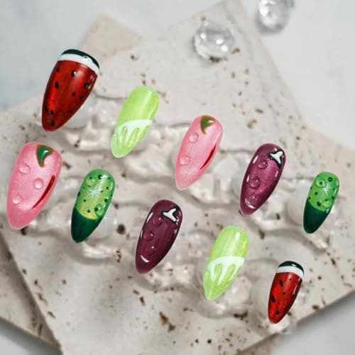 Tesytto Fruit Press on Nails Medium Almond - Cat Eye Effect with Hand-painted Watermelon Lemon & 3D Water Drop Cute Edgy Style, Thick Acrylic and Muti-Layer Gel False Nails (Fruit Party, M) - Thumbnail 3
