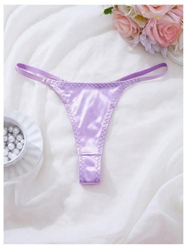 SHENHE Women's 4 Pack Satin G String Thongs Low Rise Silky Sexy Thongs Panties Underwear Blue Pink Purple Khaki Small - Thumbnail 3