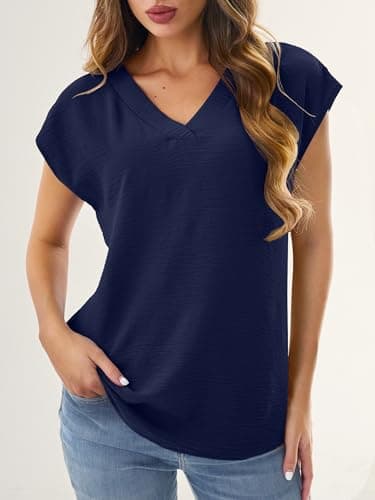 GKBK Women Tops Cap Sleeve Textured Dressy Casual V Neck Shirts 2026 Summer Business Work Blouses Outfits Navy Blue S - Thumbnail 2