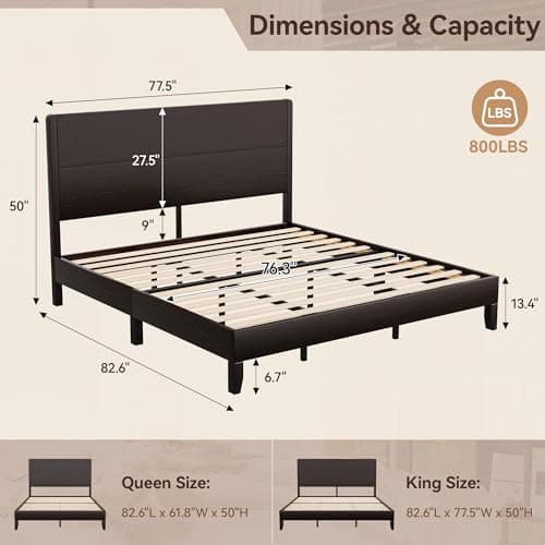 AMICLIBER Wood King Bed Frame, Platform Bed with Tall Headboard, Solid Wood Slat Support, Noise-Free Mattress Foundation, No Box Spring Needed, Easy Assembly, Brown - Thumbnail 2