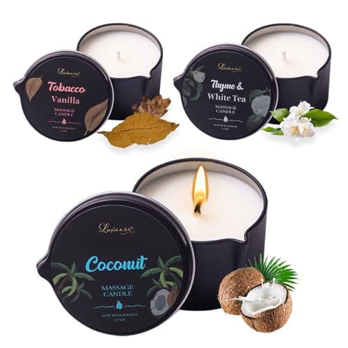 Massage Oil Candle 3 Pack,Coconut Oil Based-Daily Moisturizing Body Oil Relaxing-Natural Therapy Oil Scented Candle-6.9OZ (Coconut, Tobacco Vanilla, Thyme & White Tea)