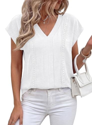 PRETTYGARDEN Blouses for Women Dressy Casual Spring 2026 Cap Sleeve V Neck Lace Trim Boho Tops Work Shirts Summer Clothes (White,X-Large) - Image 1