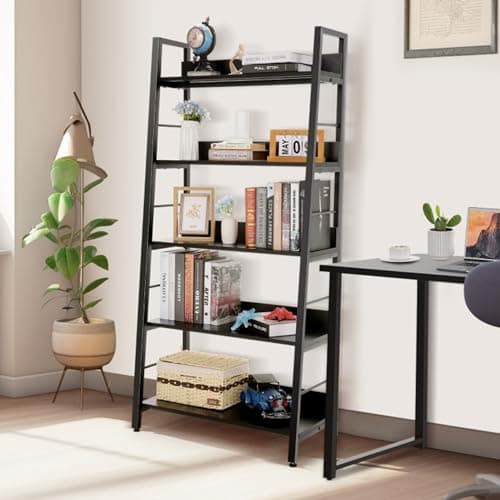 BATHWA 5 Tier Book Shelf, Industrial Bookcase and Storage Rack Accent Ladder Bookshelf, Black Wooden 28'' Wide 59''Tall Shelves Ladder Shelf for Living Room, Bedroom, Home Office - Thumbnail 6