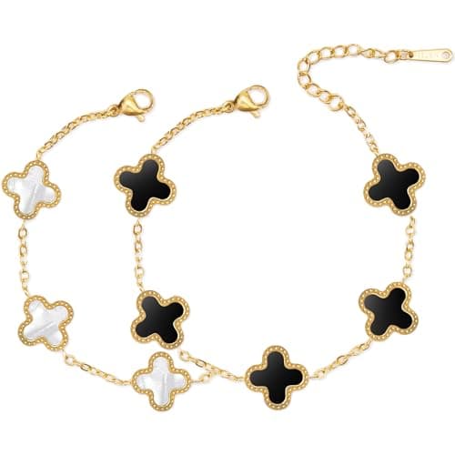 MEFELAY Unique Four Leaf Clover Bracelet for Women White Black Lucky Link Clover Bracelets Set, Trendy Bracelets Set Jewelry Gifts for Women - Image 1