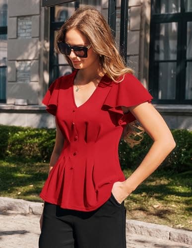 GRACE KARIN Summer Blouses for Women Dressy Casual, 2026 Ruffle Sleeve Peplum Tops, V Neck Business Work Shirts Red L - Thumbnail 3