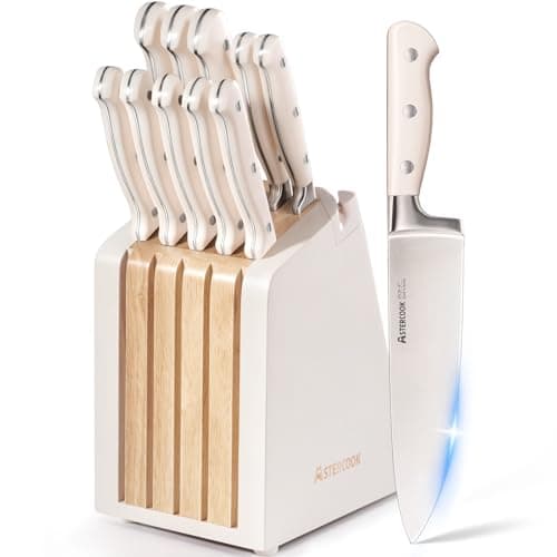 Astercook Knife Set, Kitchen Knife Set with Block and Sharpener, 12 Pcs Ultra-Sharp High Carbon Stainless Steel Knife Block Set with Non-Slip Full Tang Ergonomic Handle, Cream White Cutlery Set - Image 1