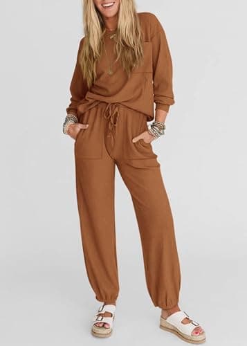 KIRUNDO Lounge Sets for Women 2026 Fall Airport Travel Outfits Ribbed Knit Tops Jogger Pants Tracksuit Postpartum Comfy Set(Dark Khaki, Medium) - Thumbnail 4