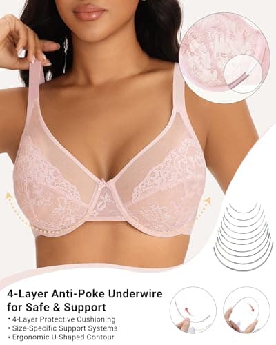 As Fairy Plus Size Minimizer Bras for Women Underwire Full Coverage Unlined Floral Lace Bra for Heavy Breast(Dusty Peach 36DDD) - Thumbnail 3