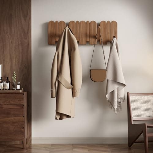 Sueuapp Walnut Wood Coat Rack Wall Mount,16.5" Wall Mounted Coat Rack with 8 Retractable Hangers,Heavy Duty Coat Hooks for Hanging Coats,Hats,Towels,Bags,Key Holder for Entryway - Thumbnail 2