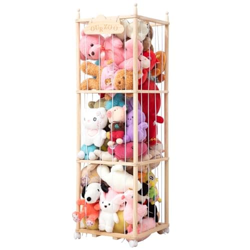 Nuoex Stuffed Animal Storage, Wooden Zoo Toy Storage Holder with Wheels, Extra Large Capacity Stuffed Animals Organizer Cage, Soft Toy Stuffed Animal Holder Tower for Nursery Playroom Bedroom - Image 1