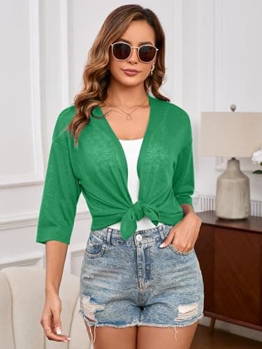 Heymoments Cardigan for Women Green Medium Draped 3/4 Sleeve Open Front Lightweight Casual Soft Drape Summer Fall Kimonos Cardigans - Thumbnail 3